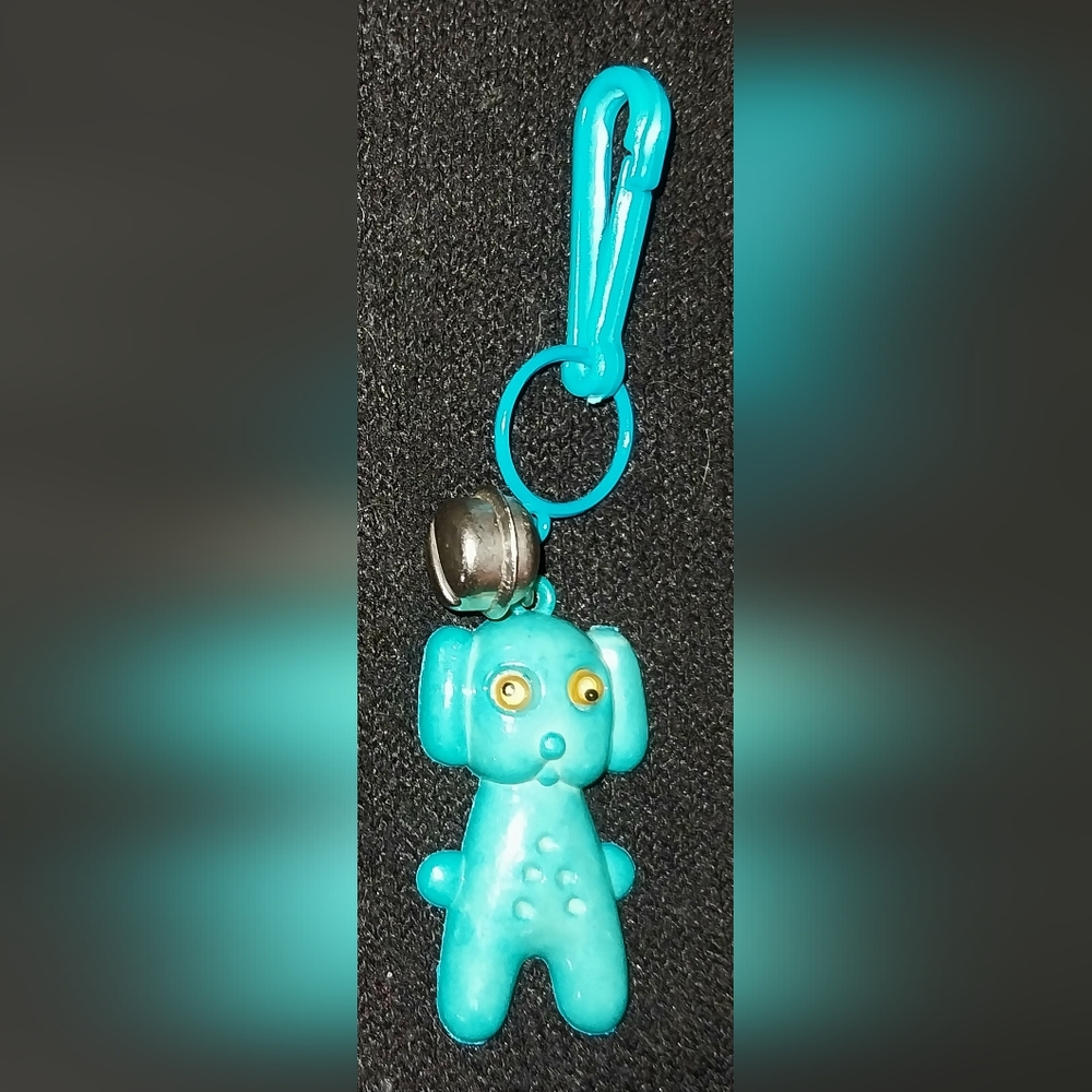 Vintage 1980s Keychain Plastic Necklace Blue Dog Charm w/ Bell
